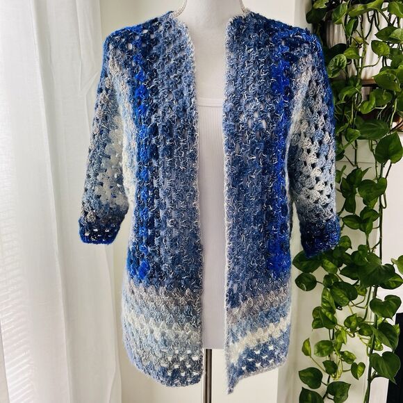 Handmade Blue & White Crocheted Granny Square Boho Cardigan Sweater One Size - Picture 1 of 6
